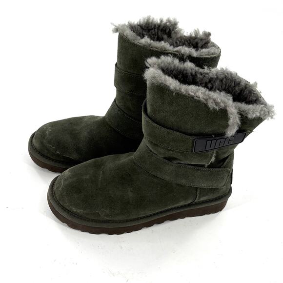 Ugg Bailey Logo Boots 7 Olive Green Gray Ankle Booties Shearling Fur Suede - Picture 3 of 9